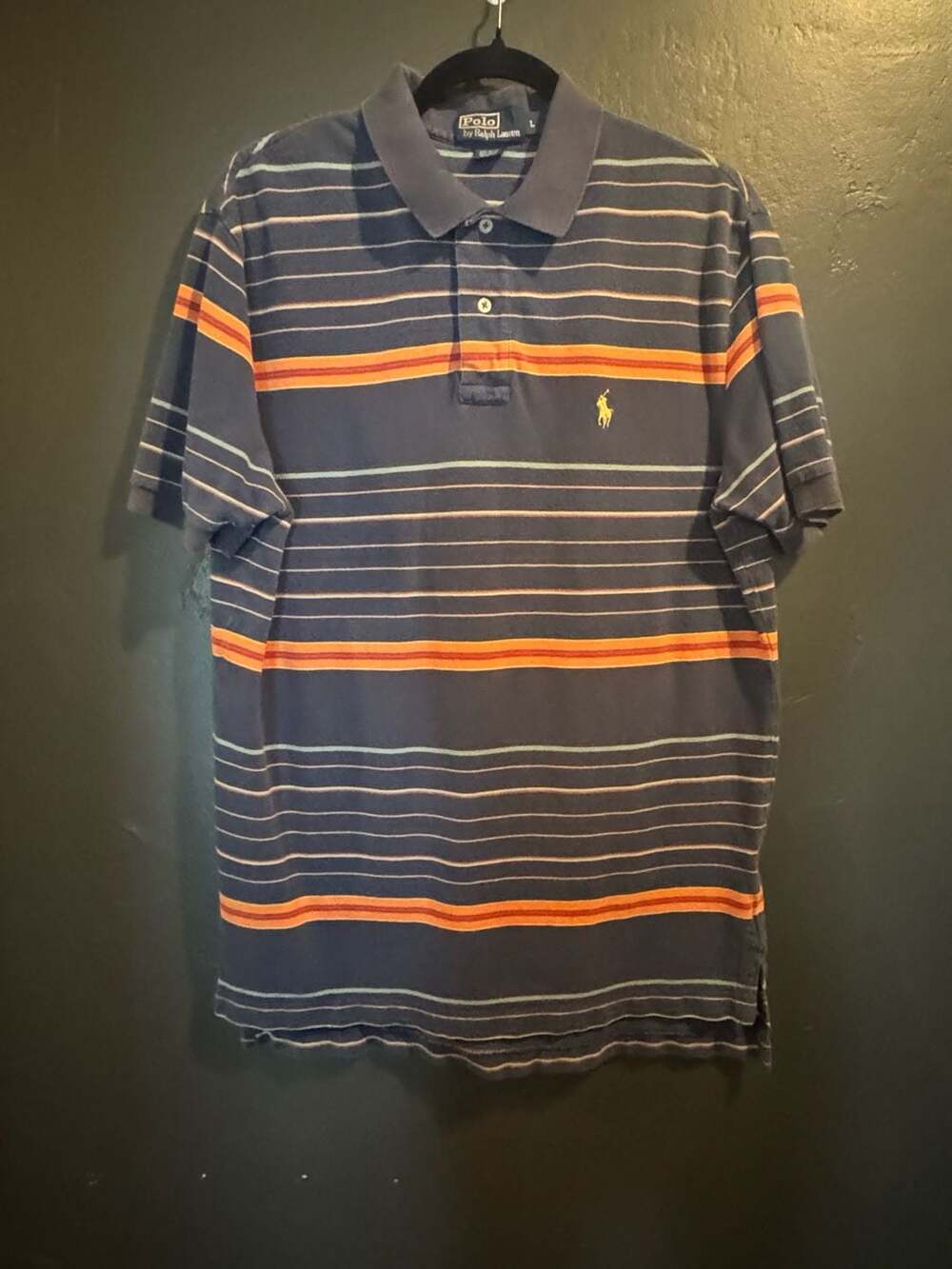 Polo Ralph Lauren Blue and Orange Multi-Stripe Short Sleeve Navy Polo Shirt L